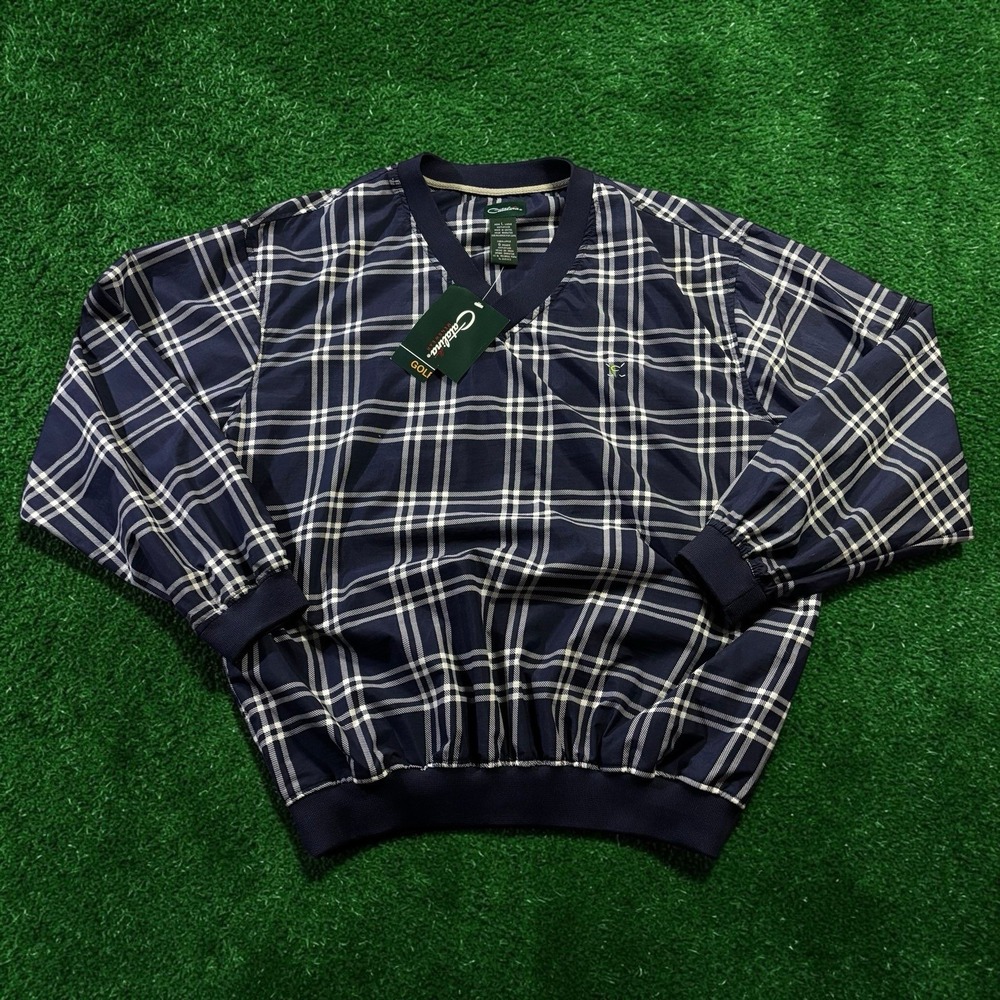 NWT Catalina Golf Mens Large Plaid Pullover Windbreaker Navy Jacket V-Neck